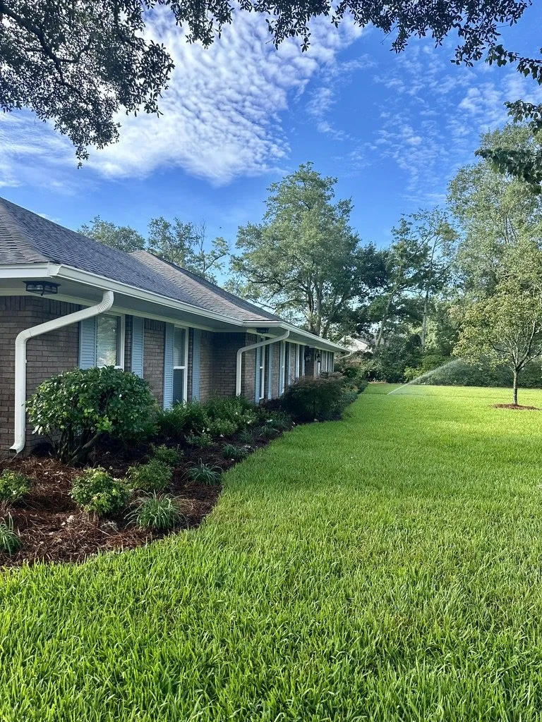 Vibrant lawn with manicured landscaping, flourishing shrubs, and a serene atmosphere.