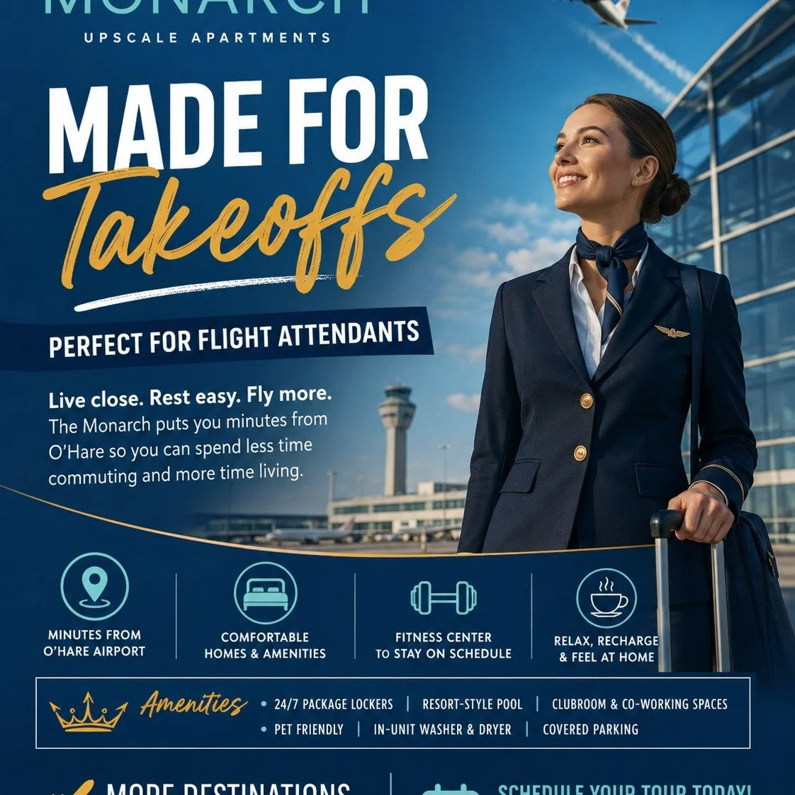 Ready for takeoff? ✈️
For the flight attendants, pilots, airport employees, and frequent flyers who are always on the move &mdash; The Monarch is your perfect home base just minutes from O&rsquo;Hare.

Live close. Rest easy. Fly more.
With upscale ap