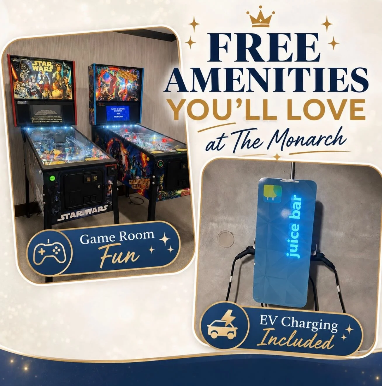 ✨ FREE amenities = more fun, more convenience, and more reasons to love where you live 🏡🎮⚡️
At The Monarch, upscale living comes with extras included &mdash; from our resident game room to complimentary EV charging and so much more. Why settle for 