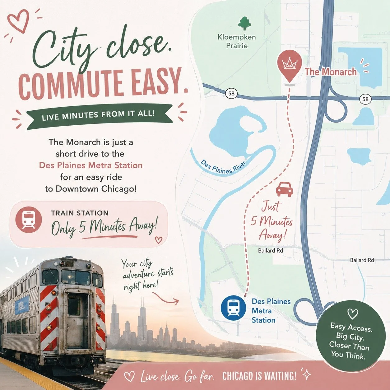 🚆 Train station? Just minutes away.
🏙️ Downtown Chicago? Easily within reach.
🏠 Your new home? Right here at The Monarch.

Why choose between city convenience and suburban comfort when you can have both?

Schedule your tour today and see why resid