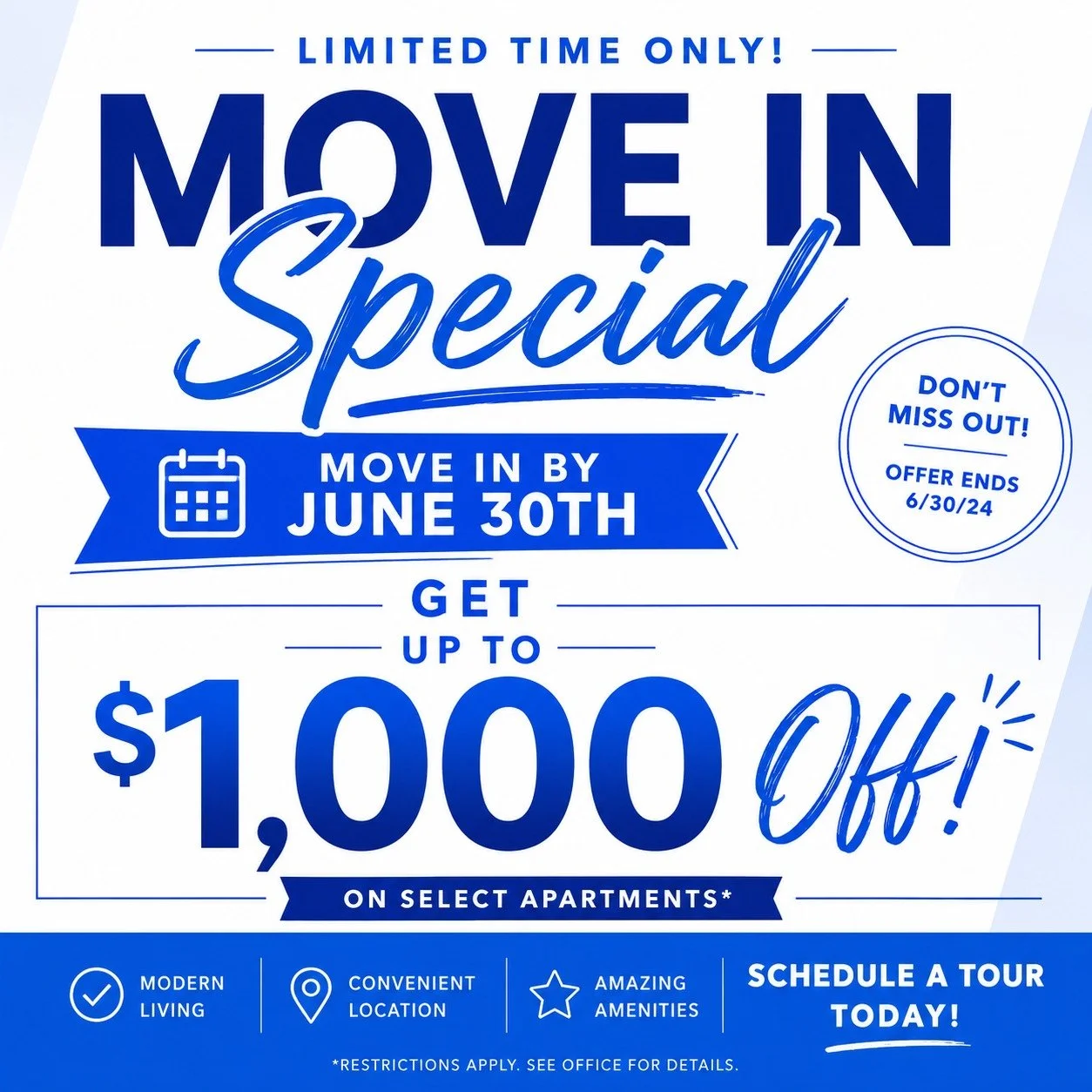 ✨ BIG SAVINGS ARE HERE! ✨

Make your move to The Monarch and receive UP TO $1,000 OFF when you move in by June 30th! 🏡💙

Whether you're looking for a stylish studio, spacious one-bedroom, or a larger floor plan, now is the perfect time to find your