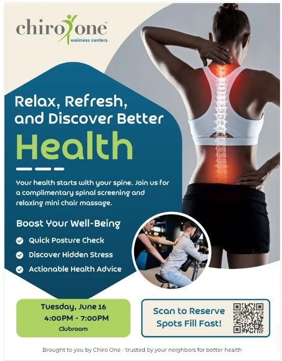 🧘&zwj;♀️ Relax. Refresh. Recharge. 🧘&zwj;♂️

Join us at The Monarch for a special Wellness Event hosted by Chiro One Wellness Centers!

📅 Tuesday, June 16
⏰ 4:00 PM &ndash; 7:00 PM
📍 Clubroom

Enjoy complimentary spinal screenings, posture checks
