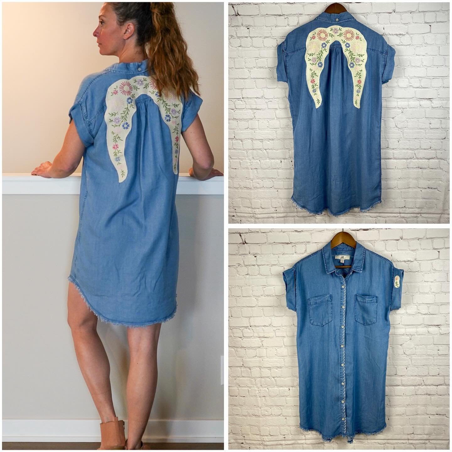 &bull;&bull;&bull;100% upcycled / recycled fashion &bull;&bull;&bull;
Denim tunic with embroidered vintage linen embellishment. 
I love turning something old into something new. A vintage table runner was too pretty not to wear. And we&rsquo;re alway