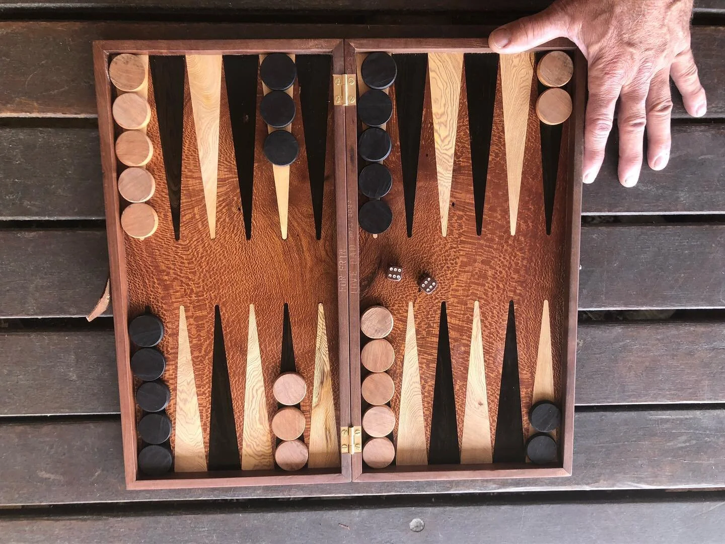 Backgammon board for my daughter&rsquo;s 21st. Waboom and Rooiels for the baseboard and sides. For the black wedges and counters Ebony from a small log bought in Malawi 25 years ago and used for the first time (never throw anything away). The white w