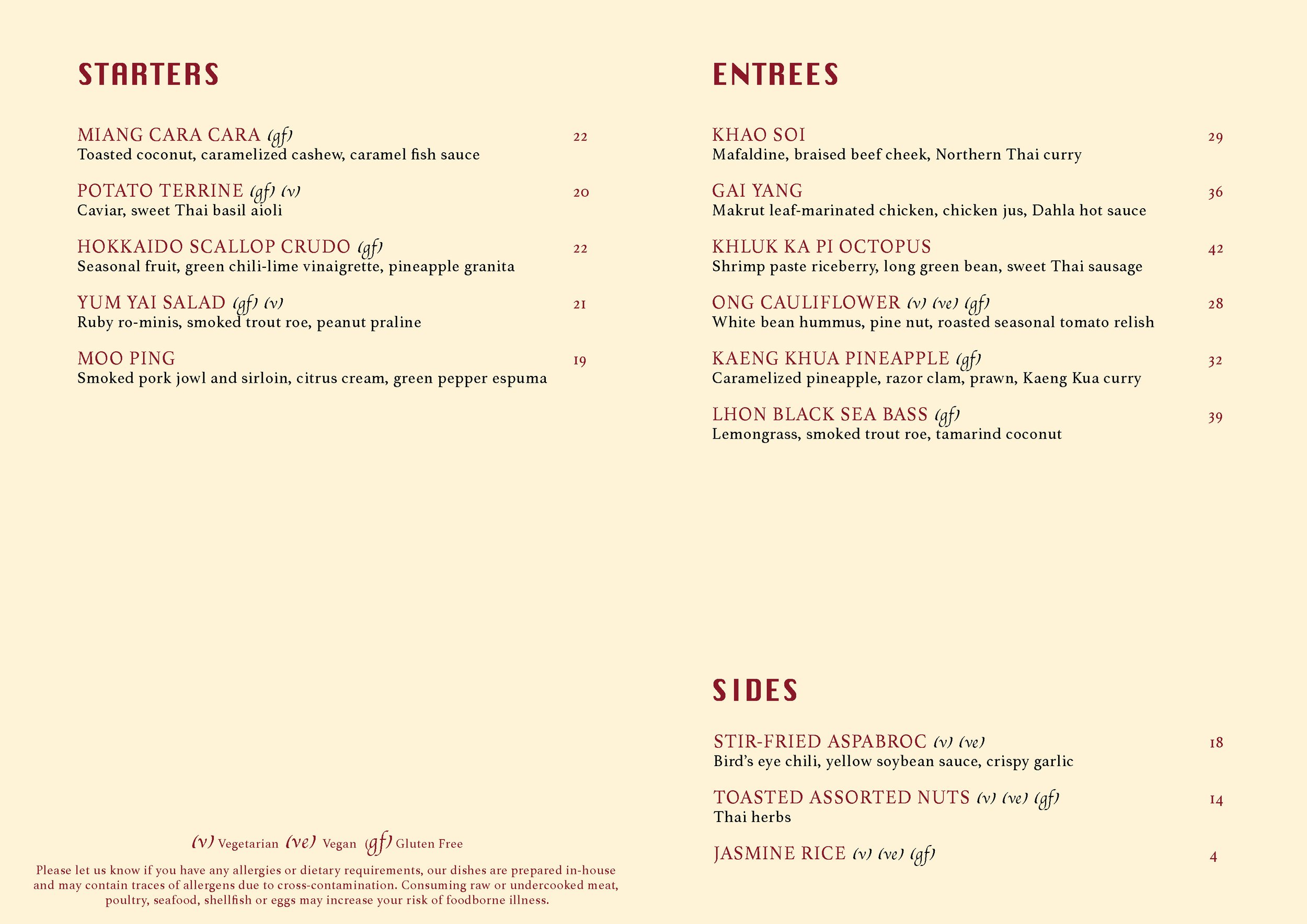 Thai restaurant menu with sections for Starters, Entrees, and Sides, listing various dishes, ingredients, and prices.
