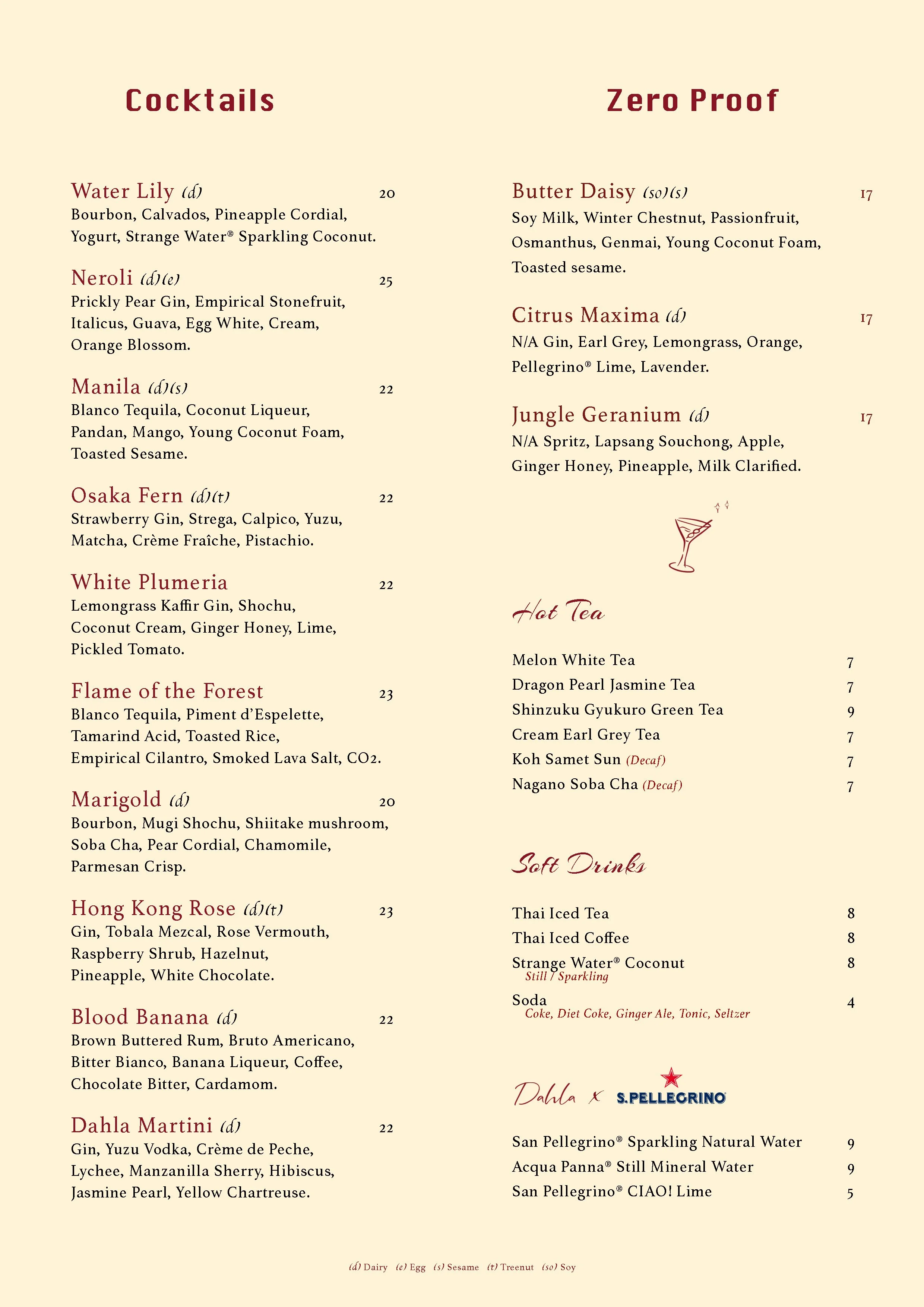 Menu featuring cocktails and zero-proof drinks with various ingredients and prices, small illustration of a martini glass, and a section for hot teas, soft drinks, and sparkling waters.
