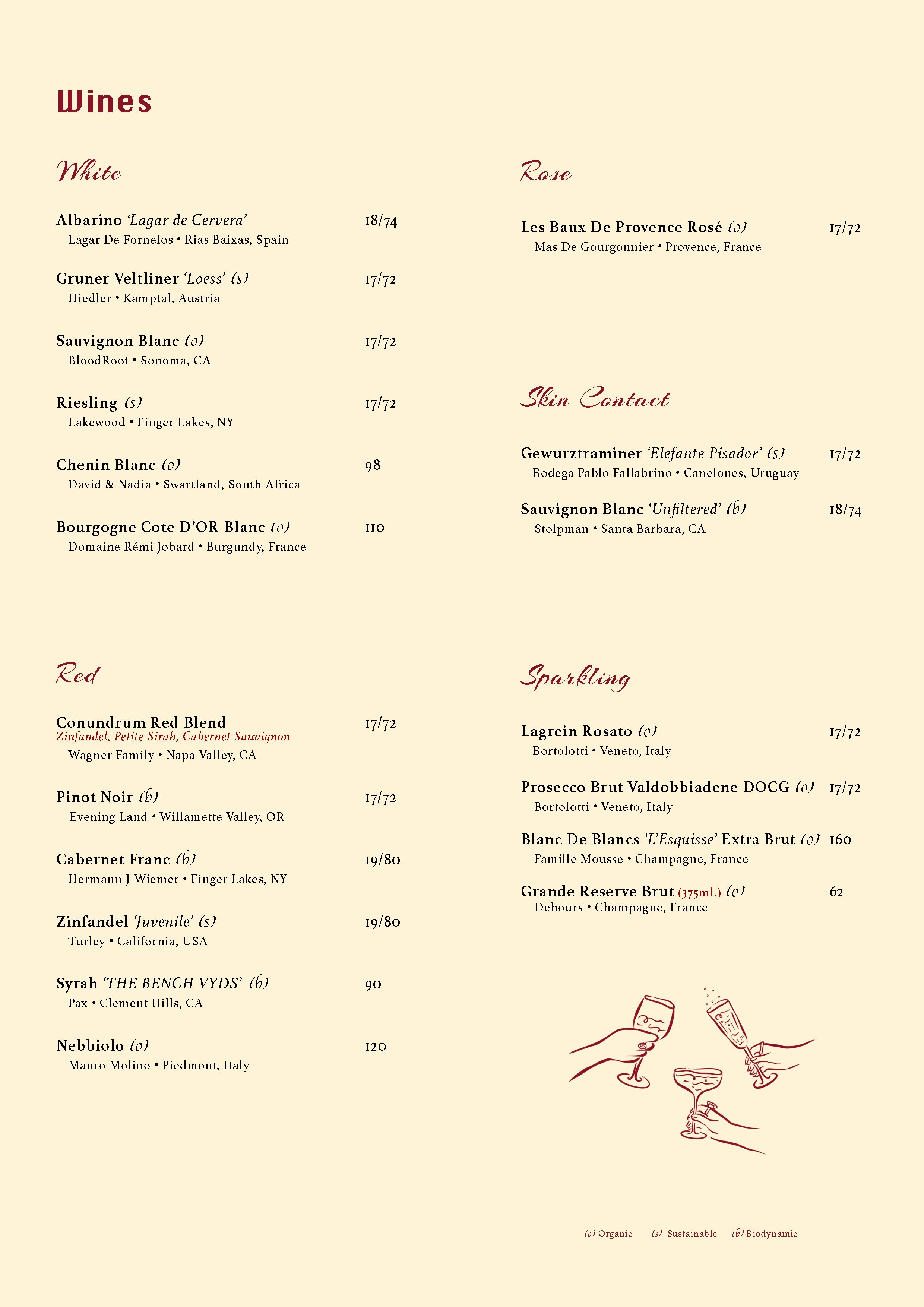 Menu listing various wines, including white, rose, red, skin contact, and sparkling options, with their origins and prices.