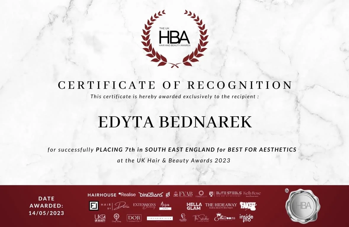 Certificate of Recognition awarded to Edyta Bednarek for placing 7th in South East England for Best for Aesthetics at the UK Hair & Beauty Awards 2023, dated 14/05/2023, with sponsor logos at the bottom.