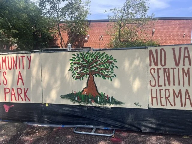 Painted Tree of Protest supporting a full Amigos Park