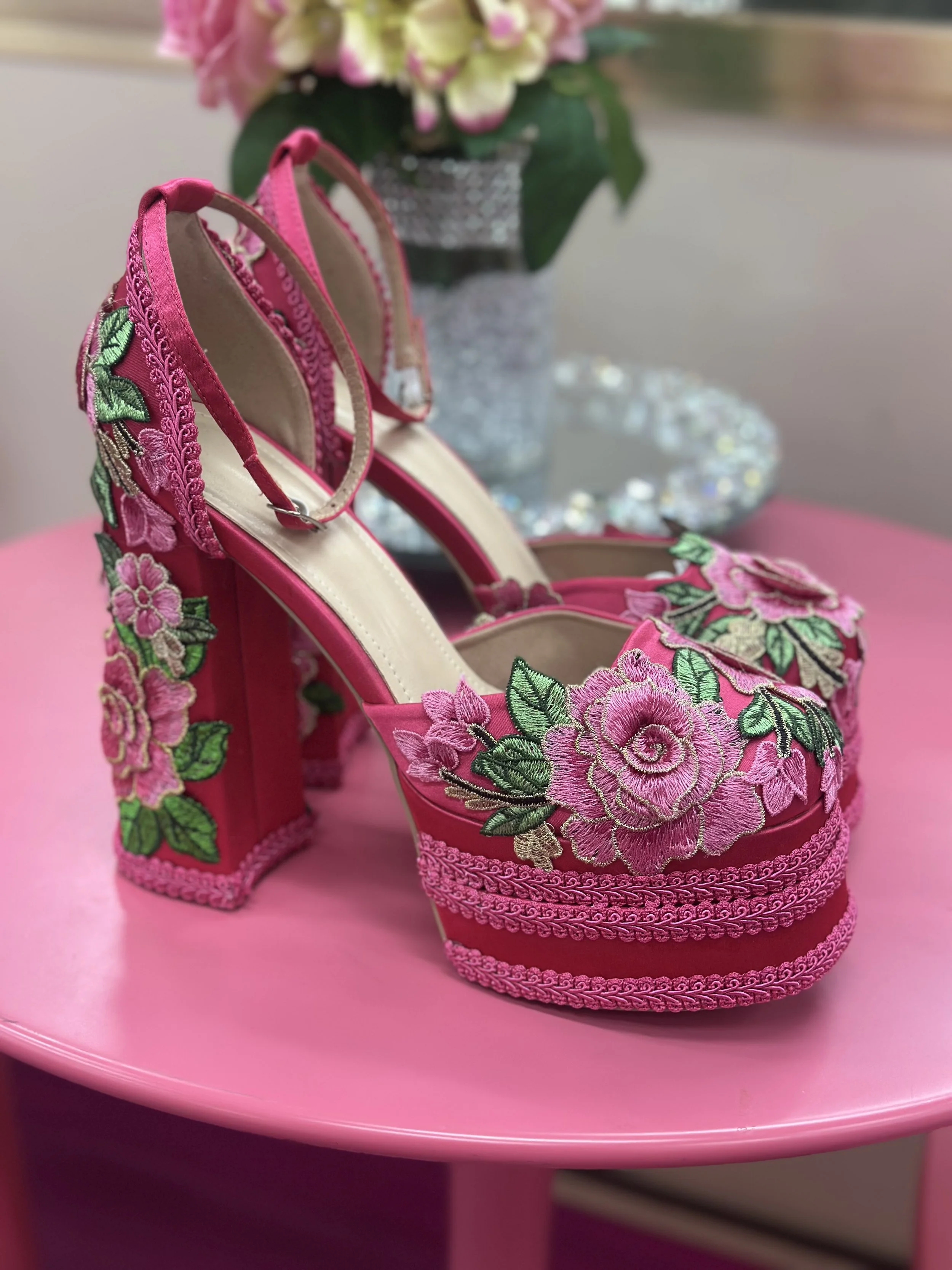Floral Embroidered Velvet Platform Heels