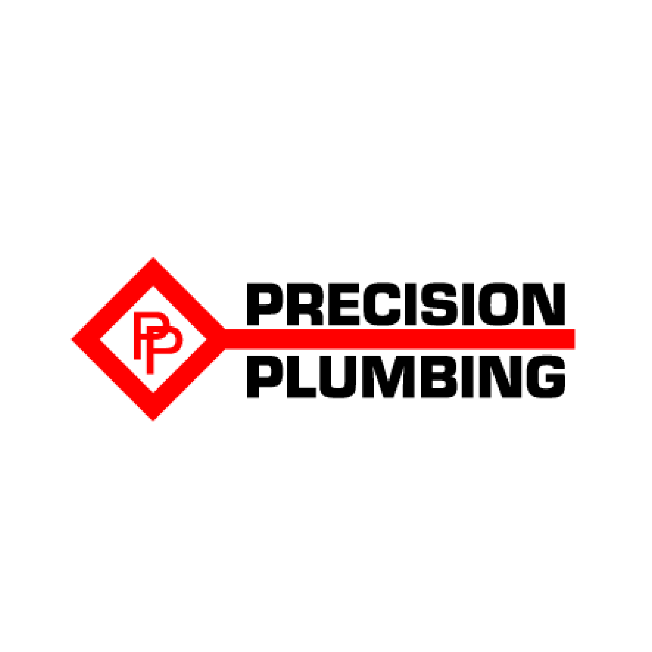 A warning sign with an upward arrow in red and black text reading 'Precision. Plumbing' on a white background.