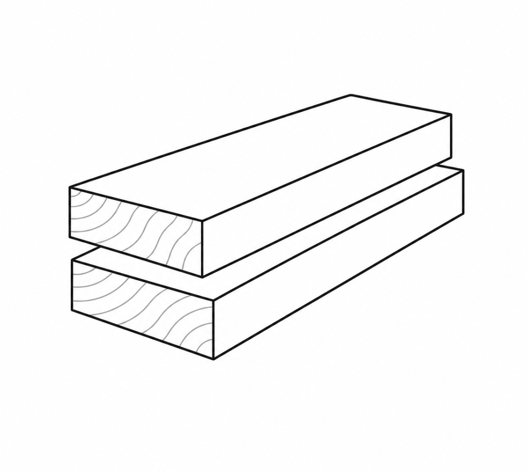 Line drawing of two stacked wooden planks, showing wood grain on the ends.