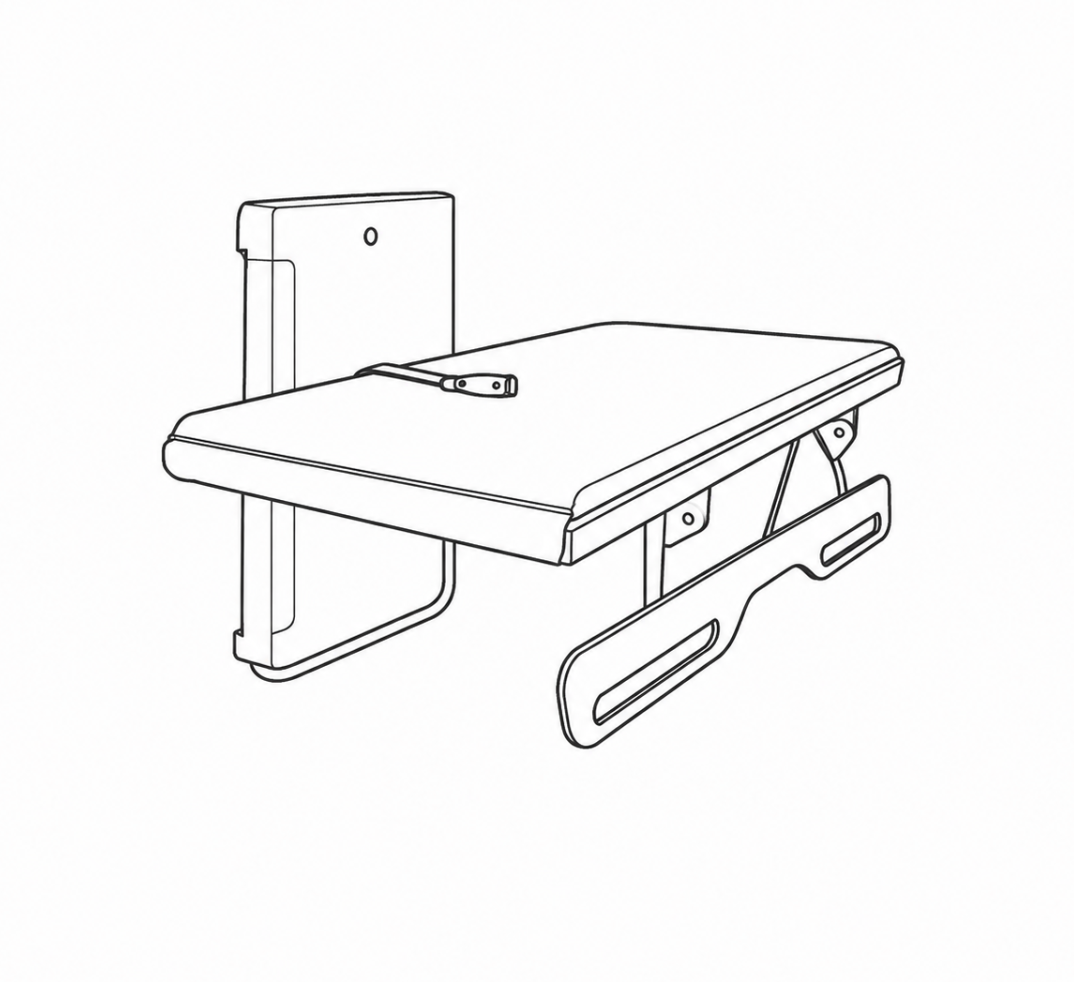 Line drawing of a hospital gurney or stretcher with adjustable side rails and a padded surface.