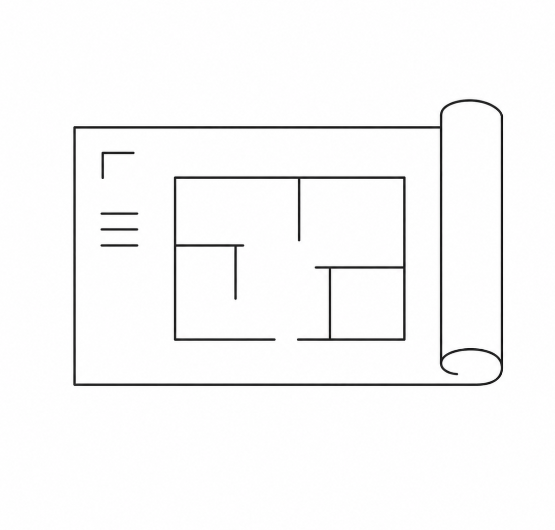 Black and white line drawing of a blueprint or floor plan with rectangles representing rooms and a rolled-up section on the right side.