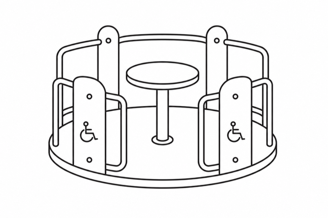 Black and white outline of a carousel with four wheelchair accessible sections and a central table.