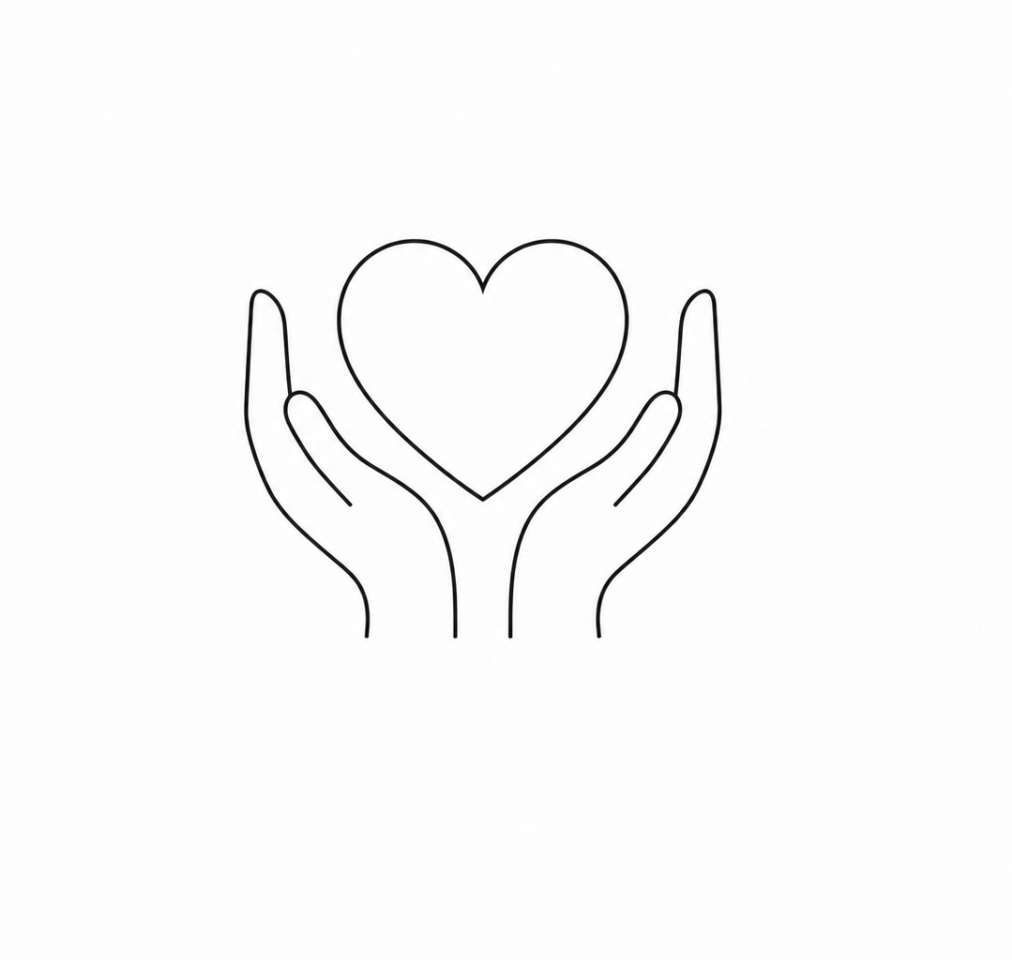 Outline drawing of two hands holding a heart.