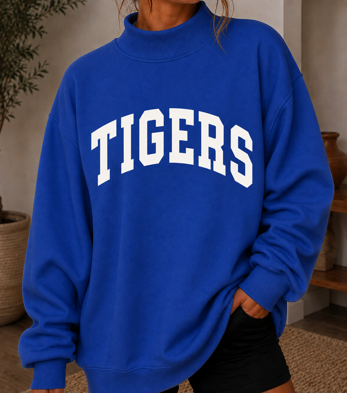 Royal Blue Tigers Design Mock Neck Sweatshirt