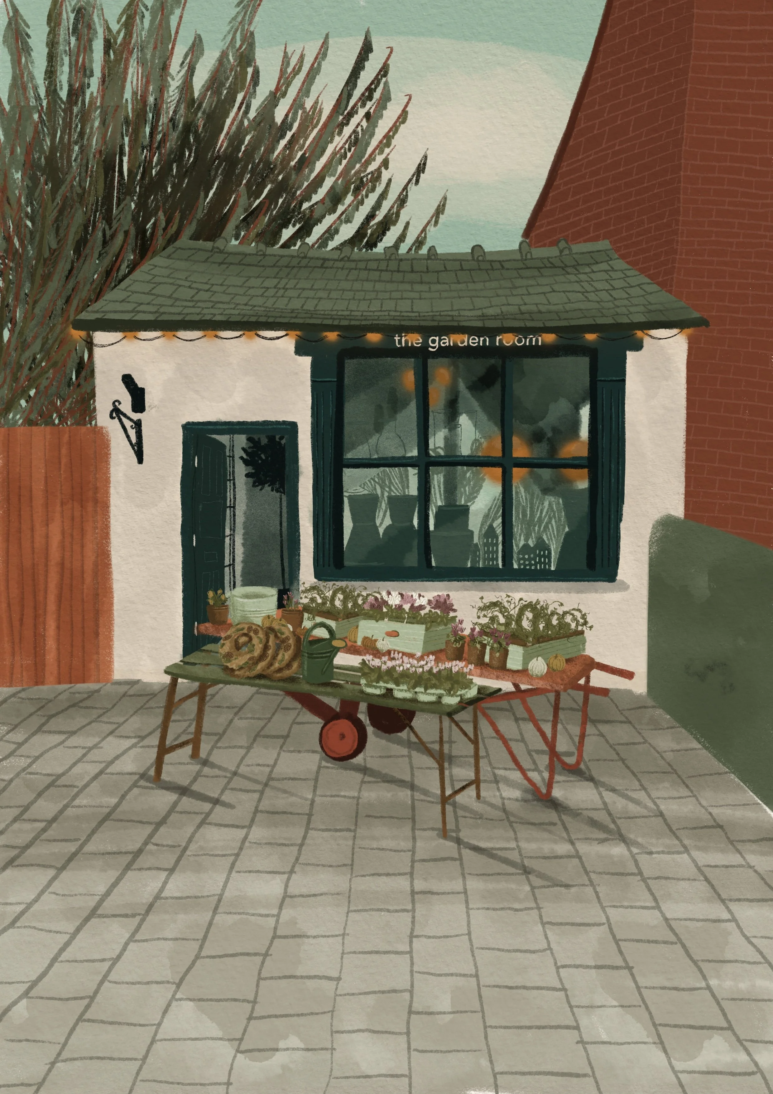 The Garden Room, Southport 2023
A commissioned illustration of The Garden Room, Southport. The reference photo was taken in Autumn and the brief was to capture the season and the cosy little shop in all its glory. This illustration has since been use