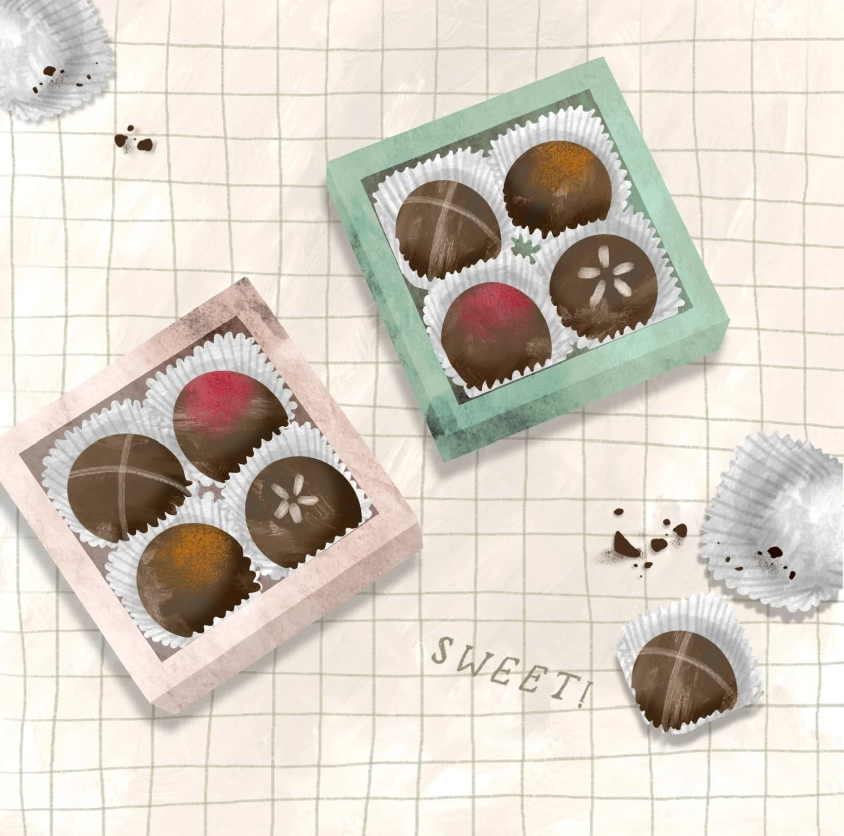 Boxes of chocolates 2024 - illustrations for an artisan chocolate catalog for a local chocolatier