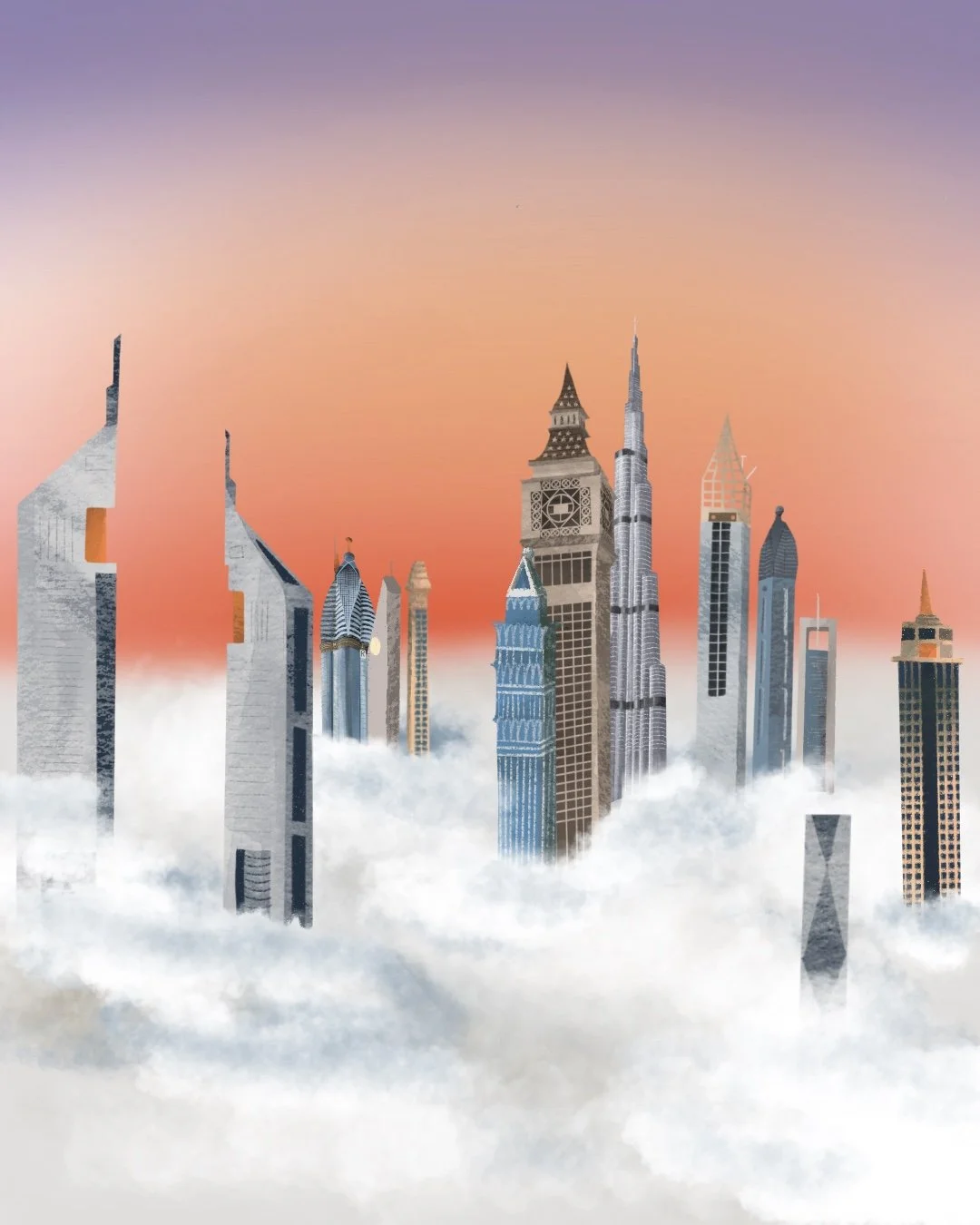 Dubai skyline commission for Adanola and Ounass - Digital 2024
I was commissioned by Adanola to illustrate the Dubai skyline for an advertisment for a pop-up shop they ran with Ounass. The brief was dreamy, buildings poking through the clouds, with a