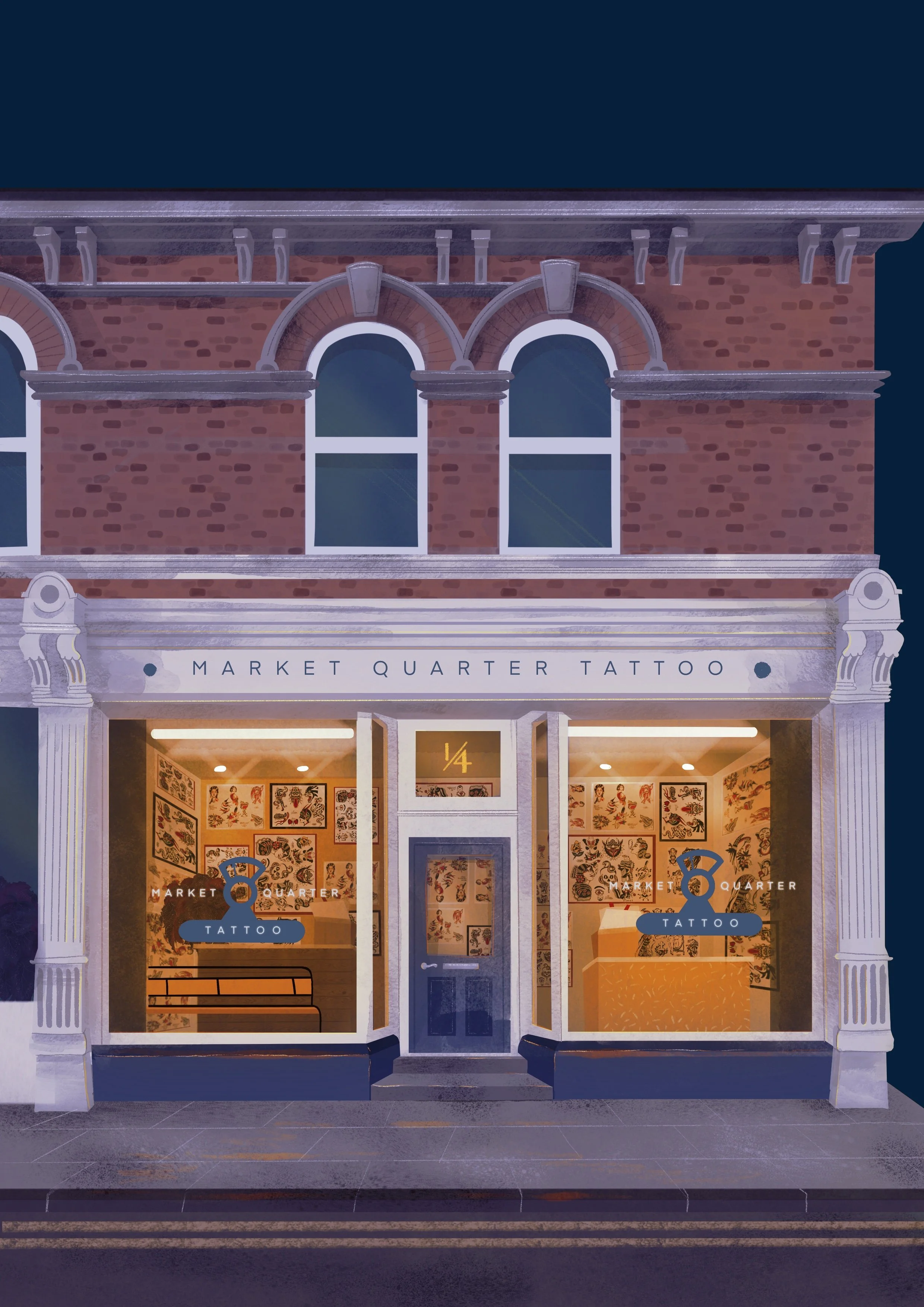 An illustration of Market Quarter Tattoo shop in Southport, to celebrate the shop's recent birthday. I used the brands colours to achieve this cosy, Autumnal scene. The image was used across social media advertising campaigns, as well as printed and 