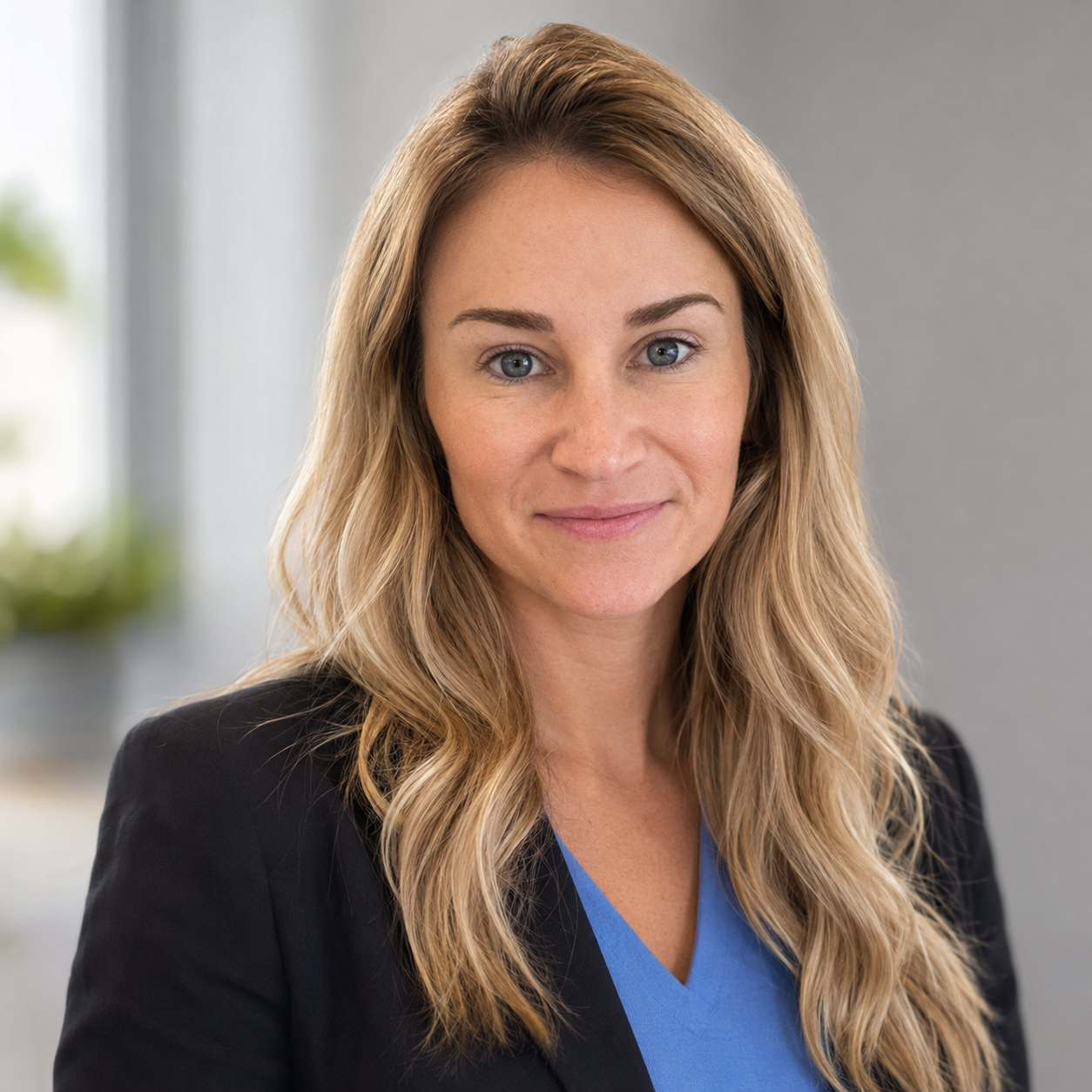 Anneliese Tebedo, FNP-C, founder of EliteBio, wearing blue scrubs and a black blazer.