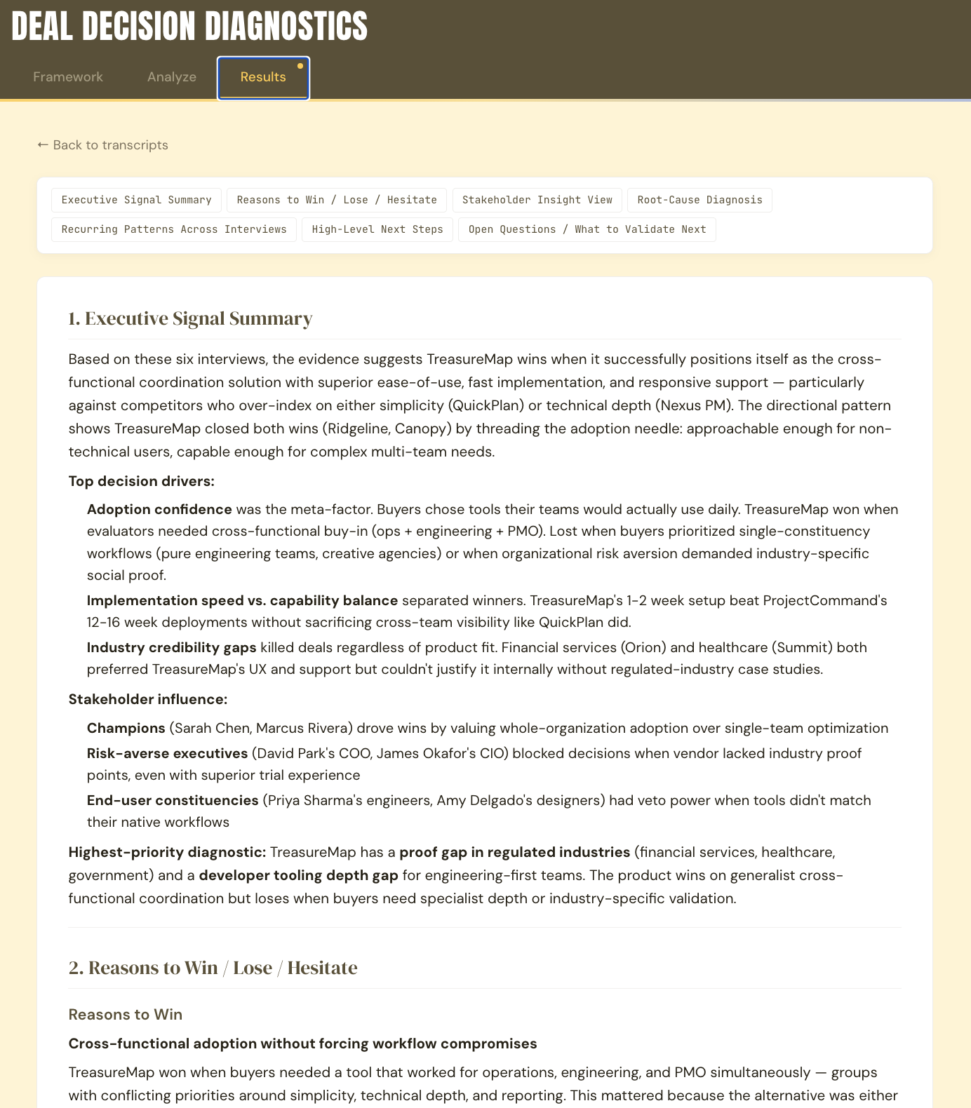 Screen showing diagnostics screen and toggling across the different sections: Executive signal summary, reasons to win/lose/hesitate, stakeholder insight view, root-cause diagnosis, recurring patterns, high-level next steps, what to validate next