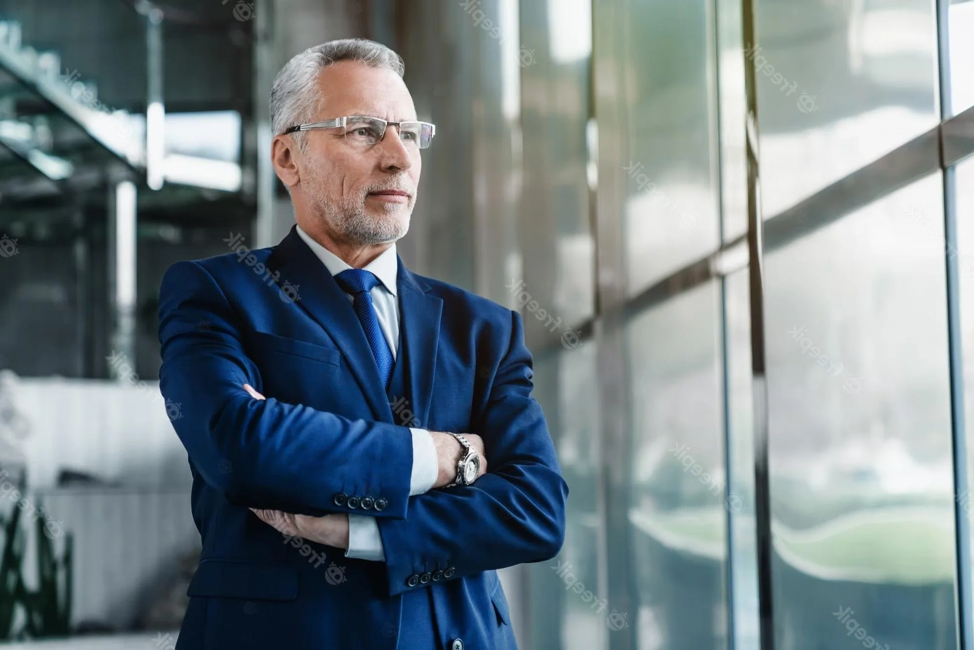 A mature man in a blue suit with glasses standing with arms crossed, looking out a large window in a modern building.
