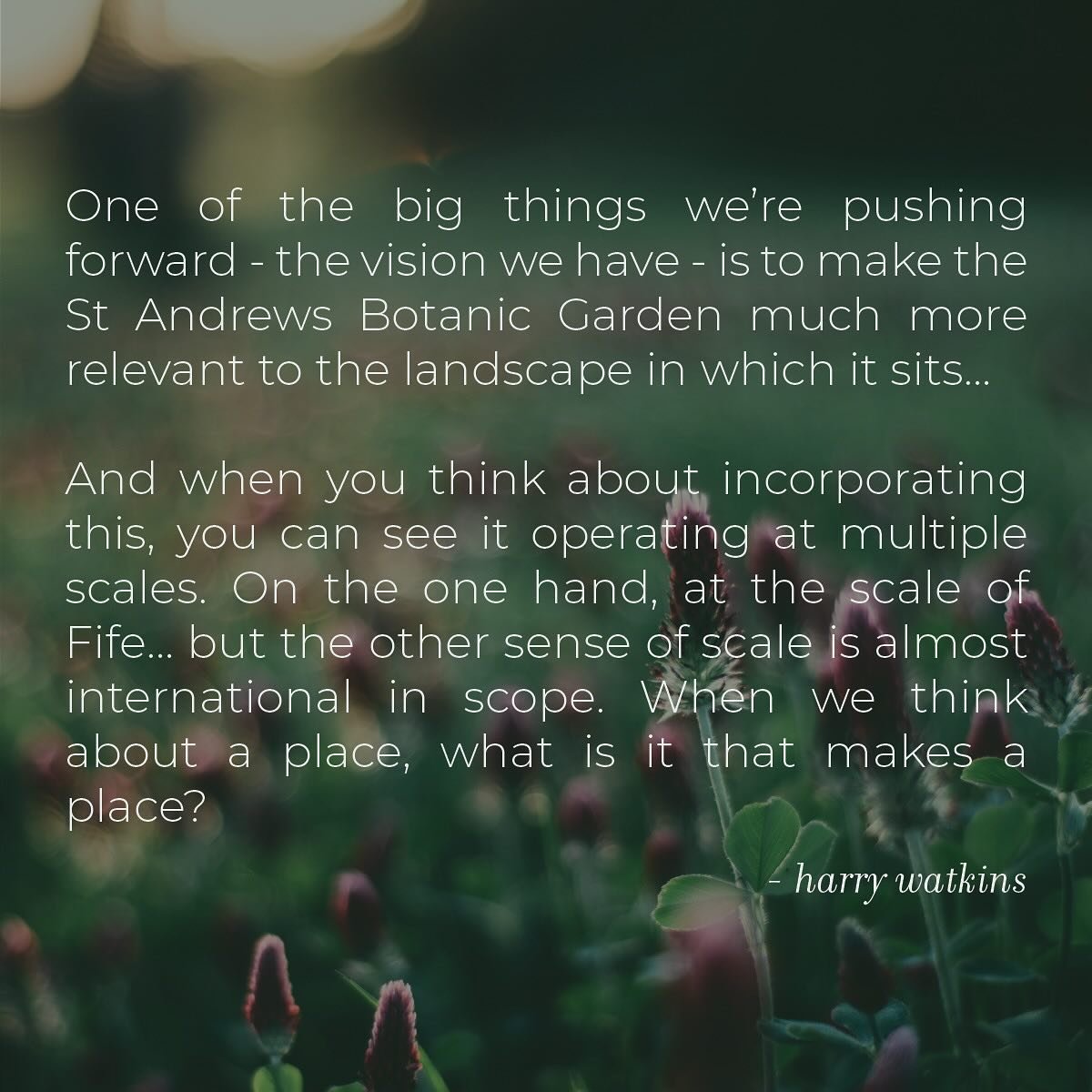 In our recent Local Spotlight, we had a fascinating conversation with Harry Watkins, landscape architect and director of the St Andrews Botanic Garden. 

During our conversation, Harry shared his thoughts on making the Botanic Garden more relevant to