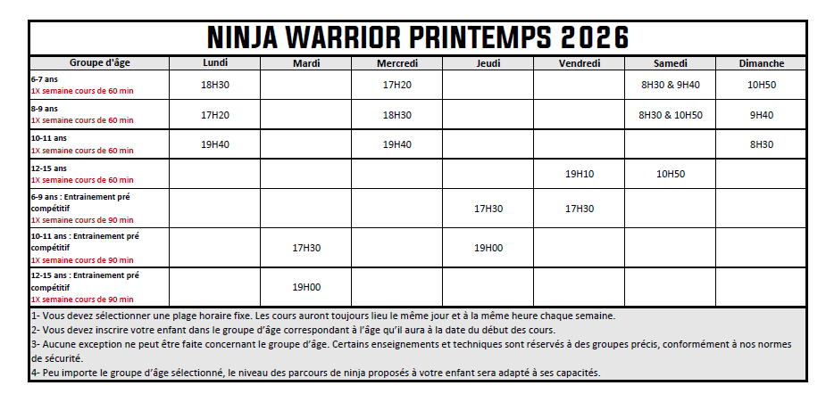 Cours ninja warrior horaire printemps 2026