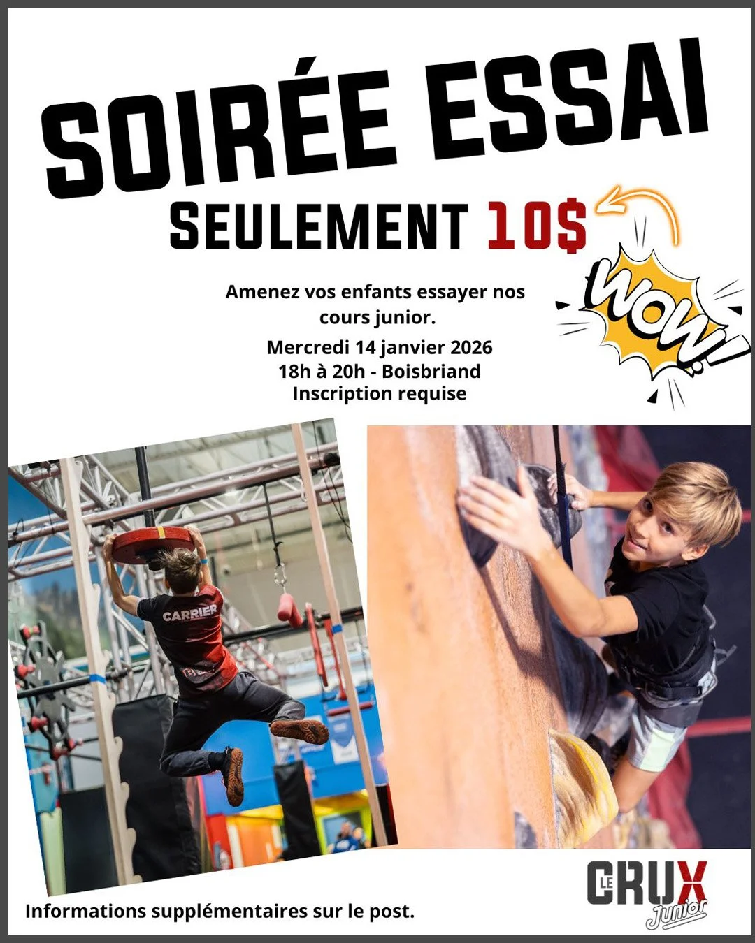 Soirée spécial cours juniors escalade et ninja warrior Boisbriand et Laval