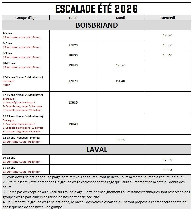 Cours escalade horaire été 2026 au Crux Boisbriand et Laval