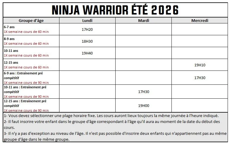 Cours ninja warrior horaire été 2026