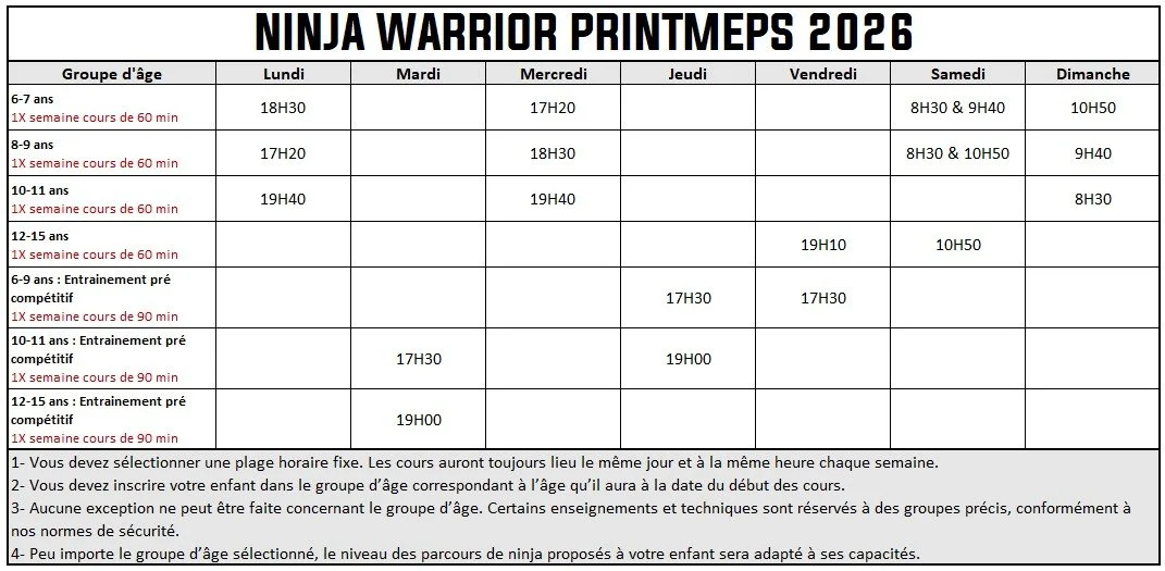 Cours de Ninja Warrior Printemps 2026