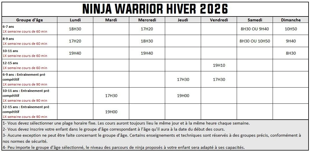 Session cours junior Ninja Warrior Hiver 2026 Le Crux Boisbriand