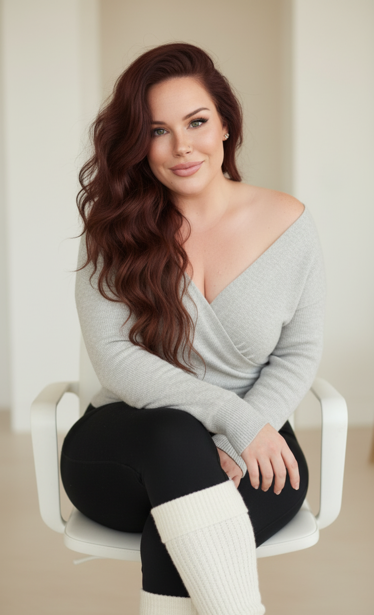 A young woman with long wavy red hair, green eyes, and a light complexion sitting on a white chair in a light-colored room. She is wearing a light gray off-the-shoulder sweater, black pants, and cream-colored socks. She has a slight smile and is looking directly at the camera.