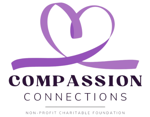 A purple heart with a ribbon, with the words 'Compassion Connections' and 'Non-Profit Foundation' below it.
