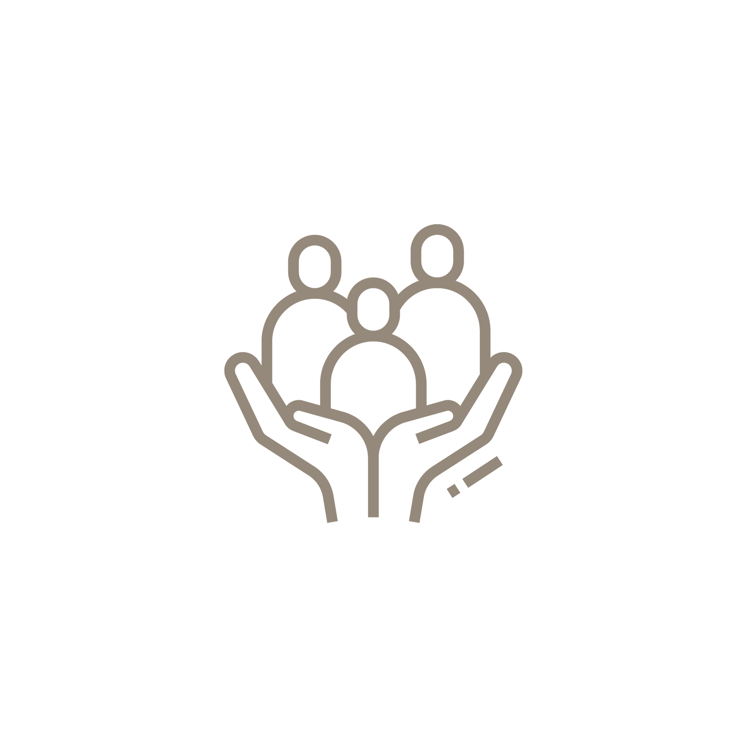 Outline icon of three people inside two hands