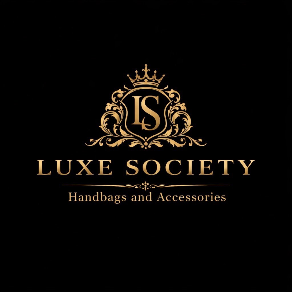 Black background with a gold ornate emblem with the letters 'LS' and a crown on top, and the text 'Luxe Society Handbags and Accessories' below.