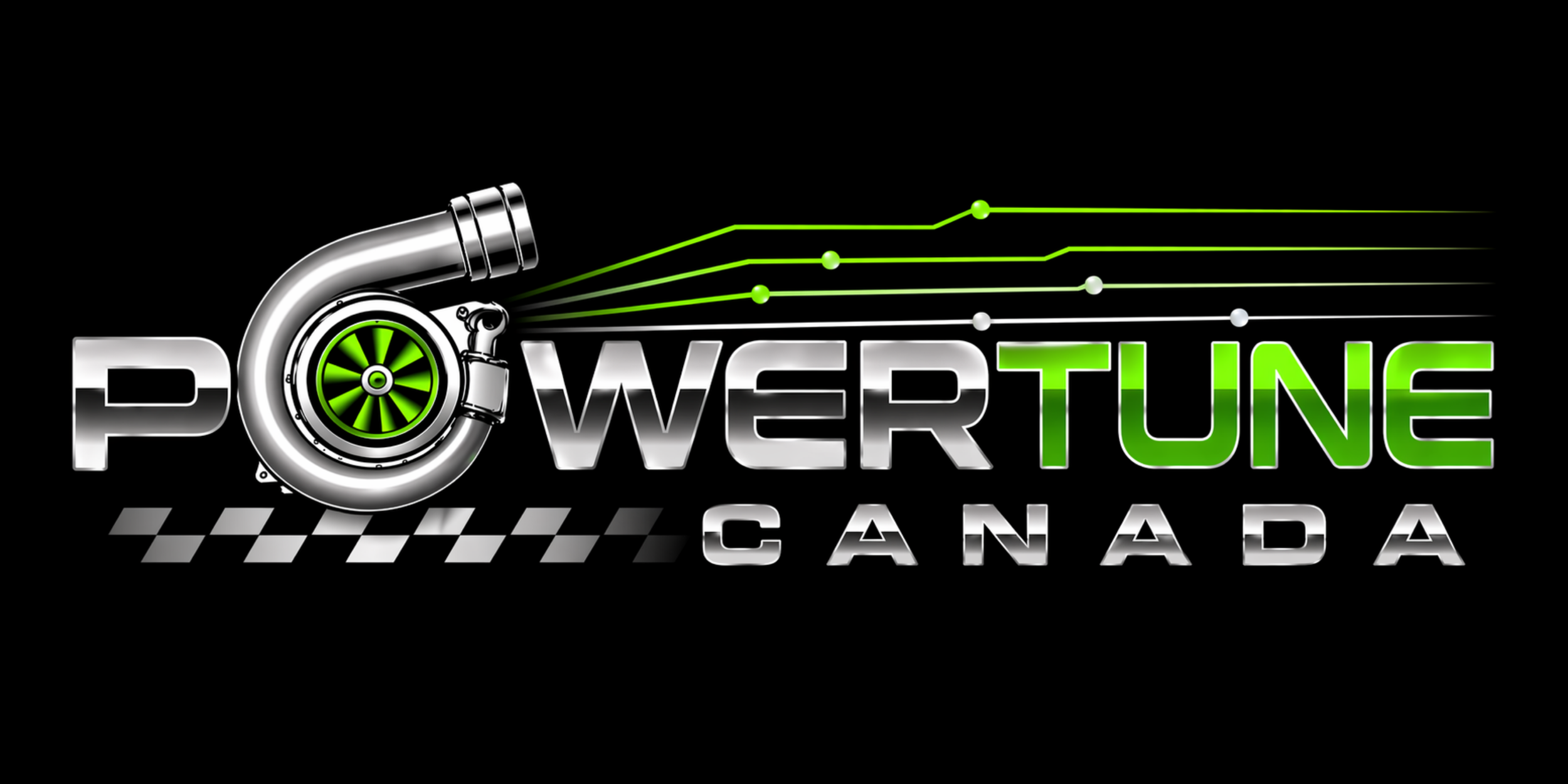 Logo for PowerTune Canada featuring a turbocharger with green accents, and the words PowerTune Canada in metallic silver and green, with a checkered flag pattern below.