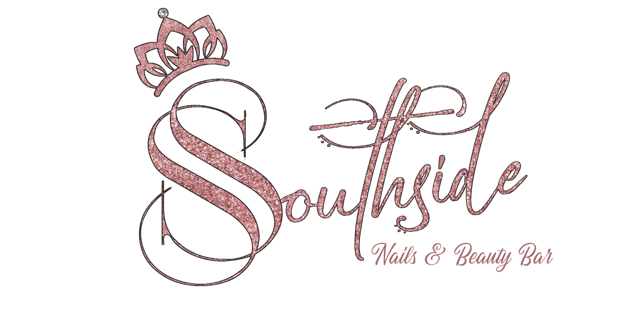 Logo for Southside Nails & Beauty Bar featuring a pink glittery script for Southside, a small crown above the letter S, and the words Nails & Beauty Bar in a smaller pink font.