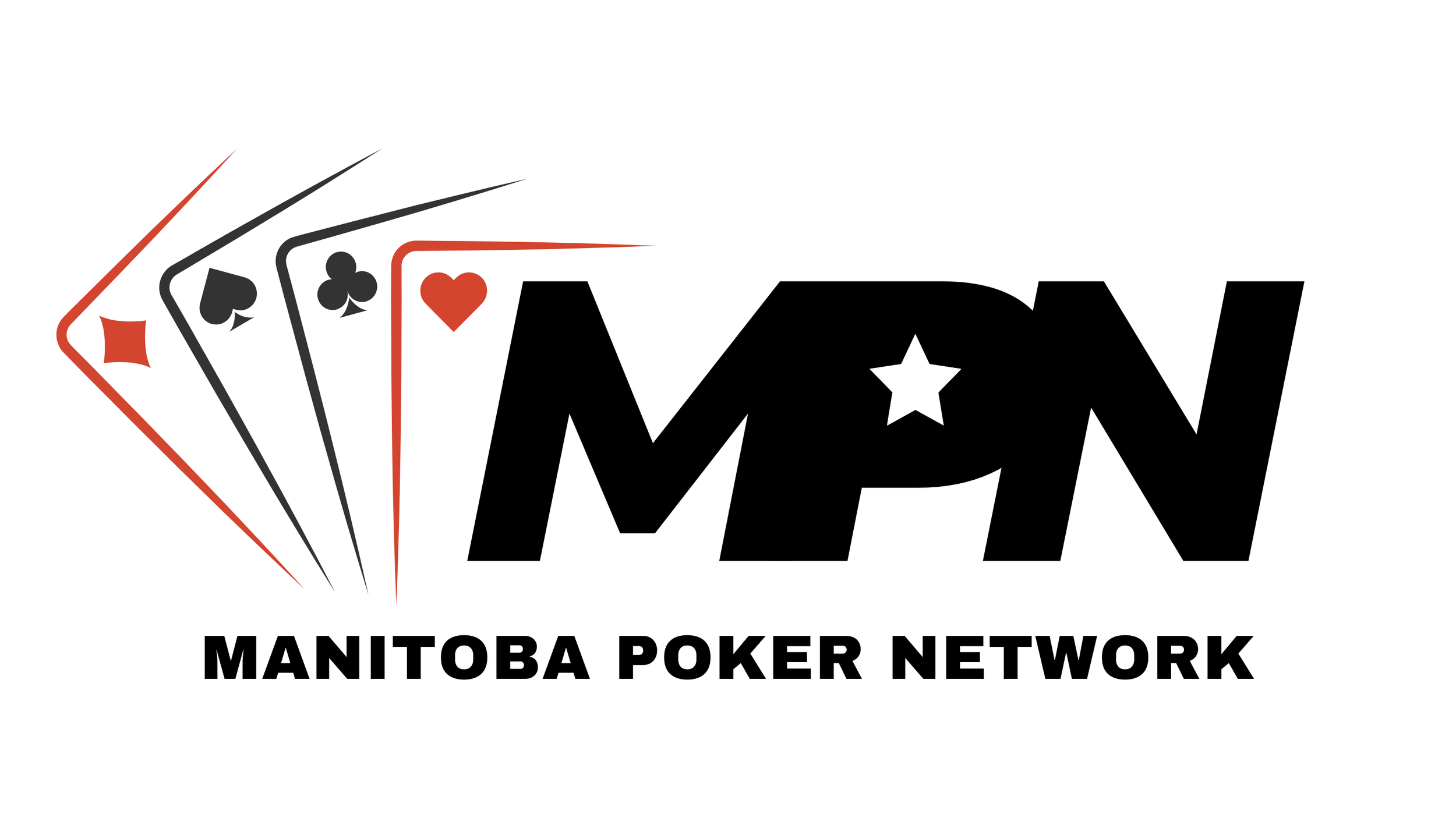 Logo for Manitoba Poker Network featuring four playing cards (diamond, spade, club, heart) and the text 'MAN' with a star in the letter 'A', and 'MANITOBA POKER NETWORK' underneath.