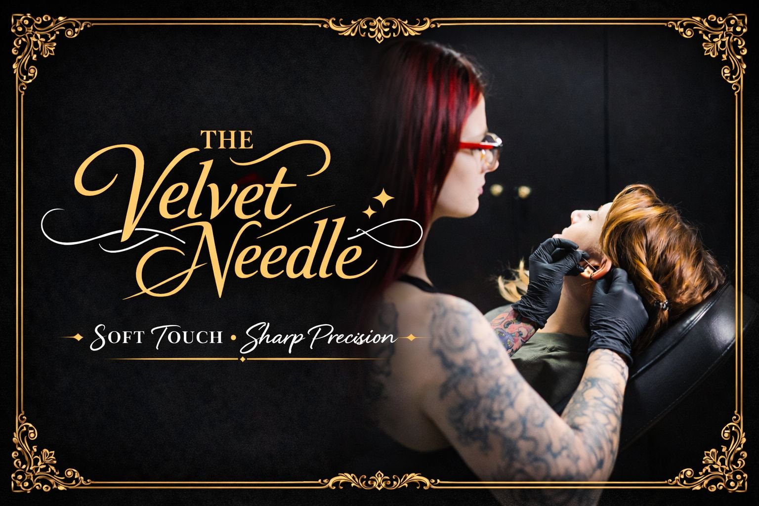 A tattooed woman with red hair and glasses is piercing the ear of a woman with ginger hair, lying on a chair, in a tattoo studio with a black background and decorative gold border.