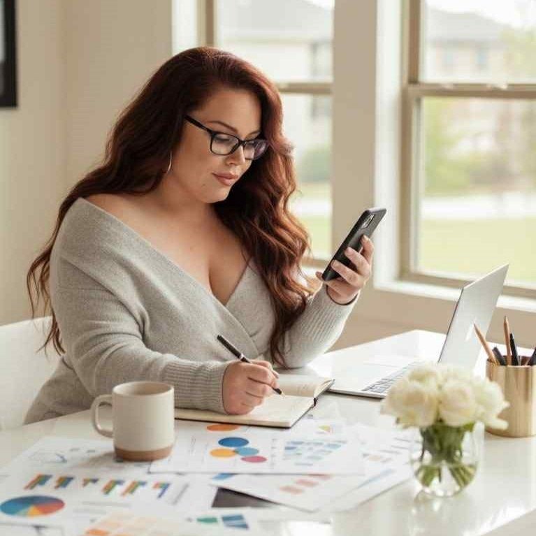 Woman with long red hair and glasses working at a desk with charts, a laptop, and a cup, while looking at her phone.