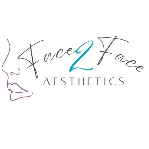 Logo for Face 2 Face Aesthetics with a minimalist line drawing of a woman's face and stylized text.