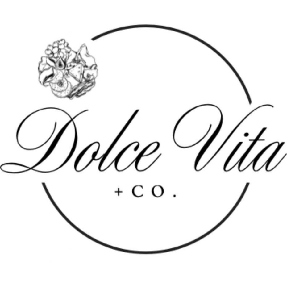 Black and white logo for Dolce Vita + Co. featuring a floral illustration and elegant script text