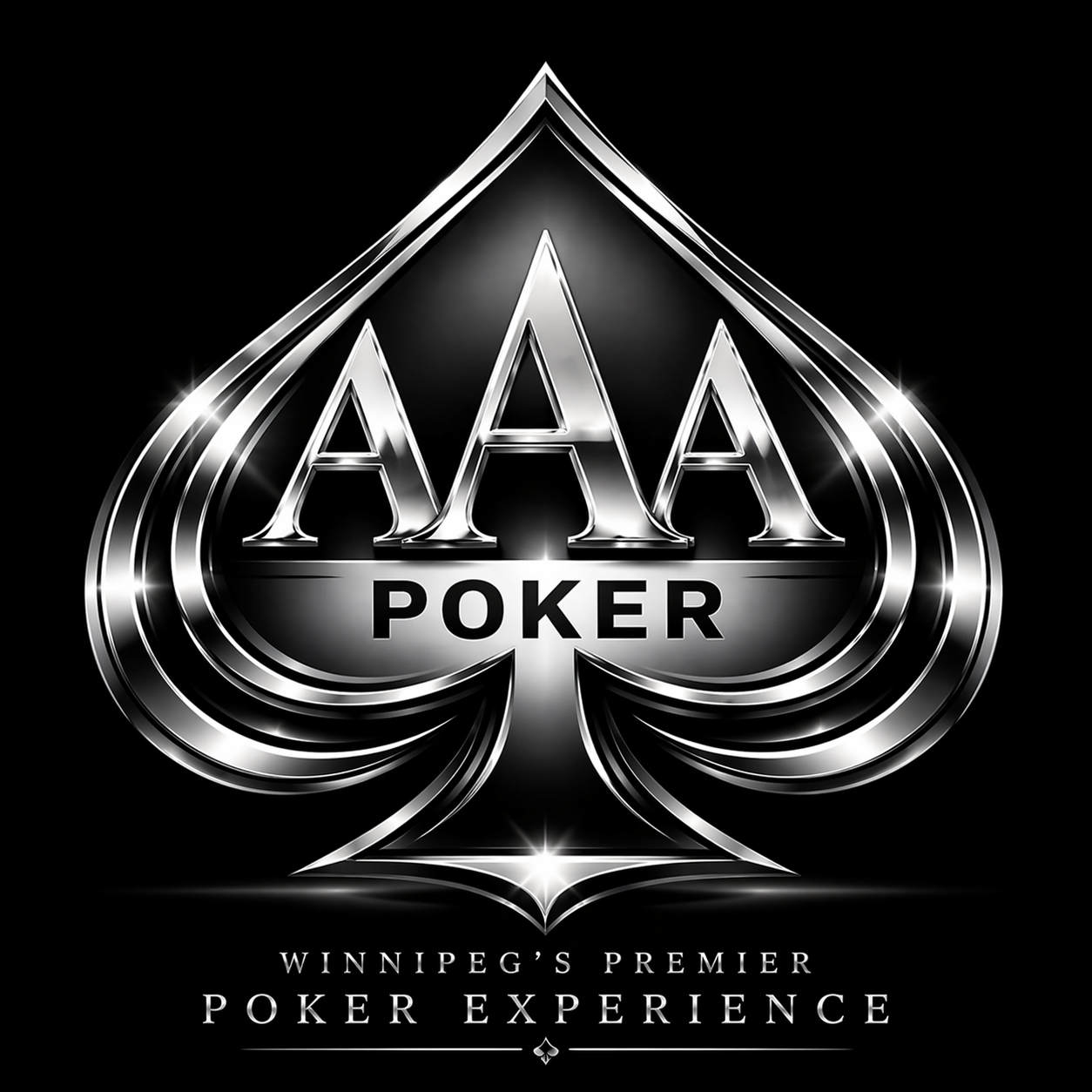 Silver and black logo for AAA Poker with a spade symbol, featuring text that reads "Winnipeg's Premier Poker Experience."
