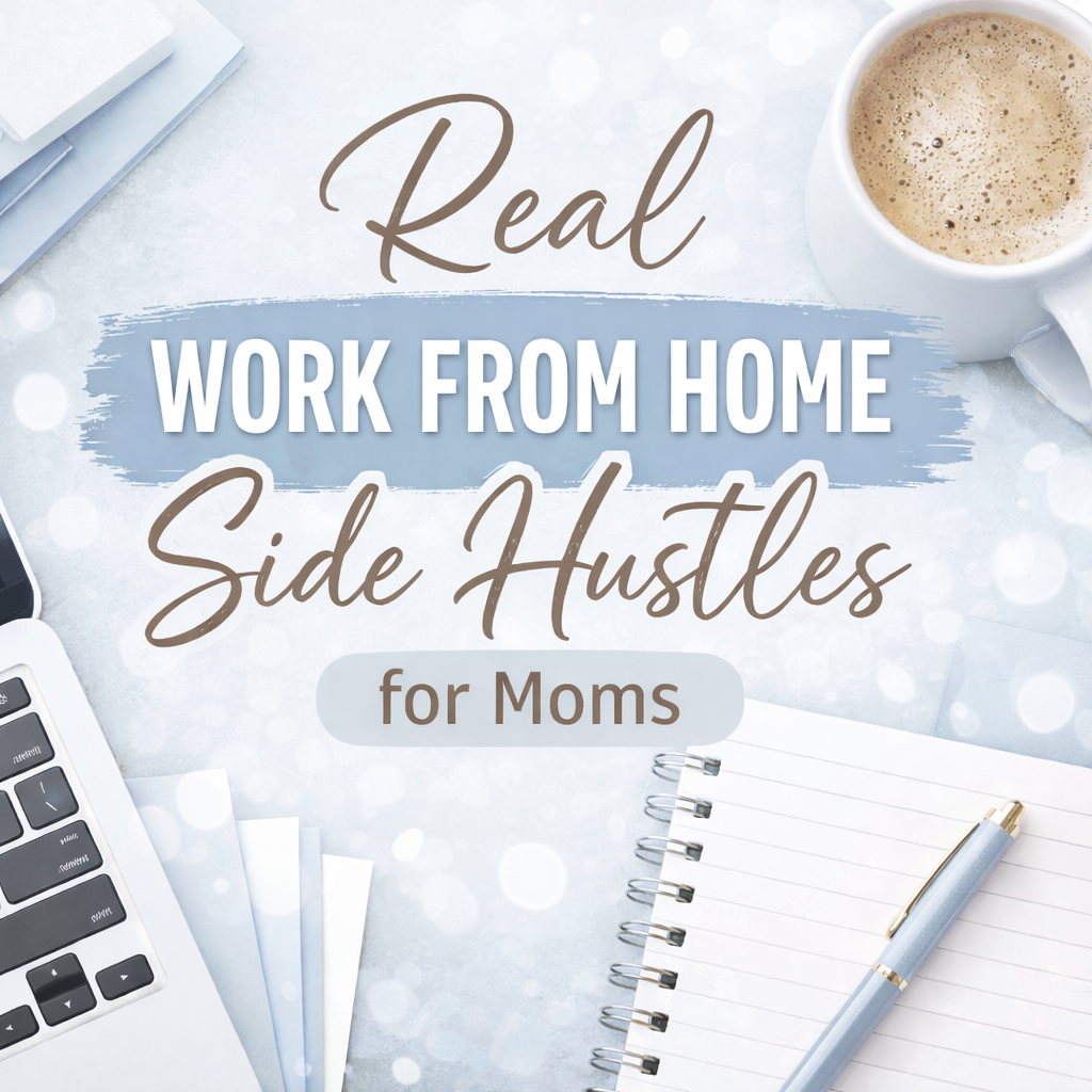 Text overlay on a workspace background reads 'Real Work from Home Side Hustles for Moms.' The workspace includes a laptop, a notepad with a pen, a cup of coffee, and some papers.