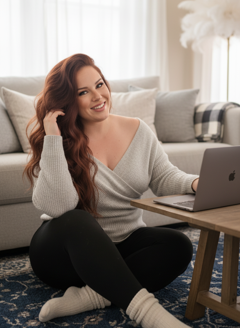 A woman with long red hair sitting on the floor with a laptop in front of her in a cozy living room, smiling at the camera.