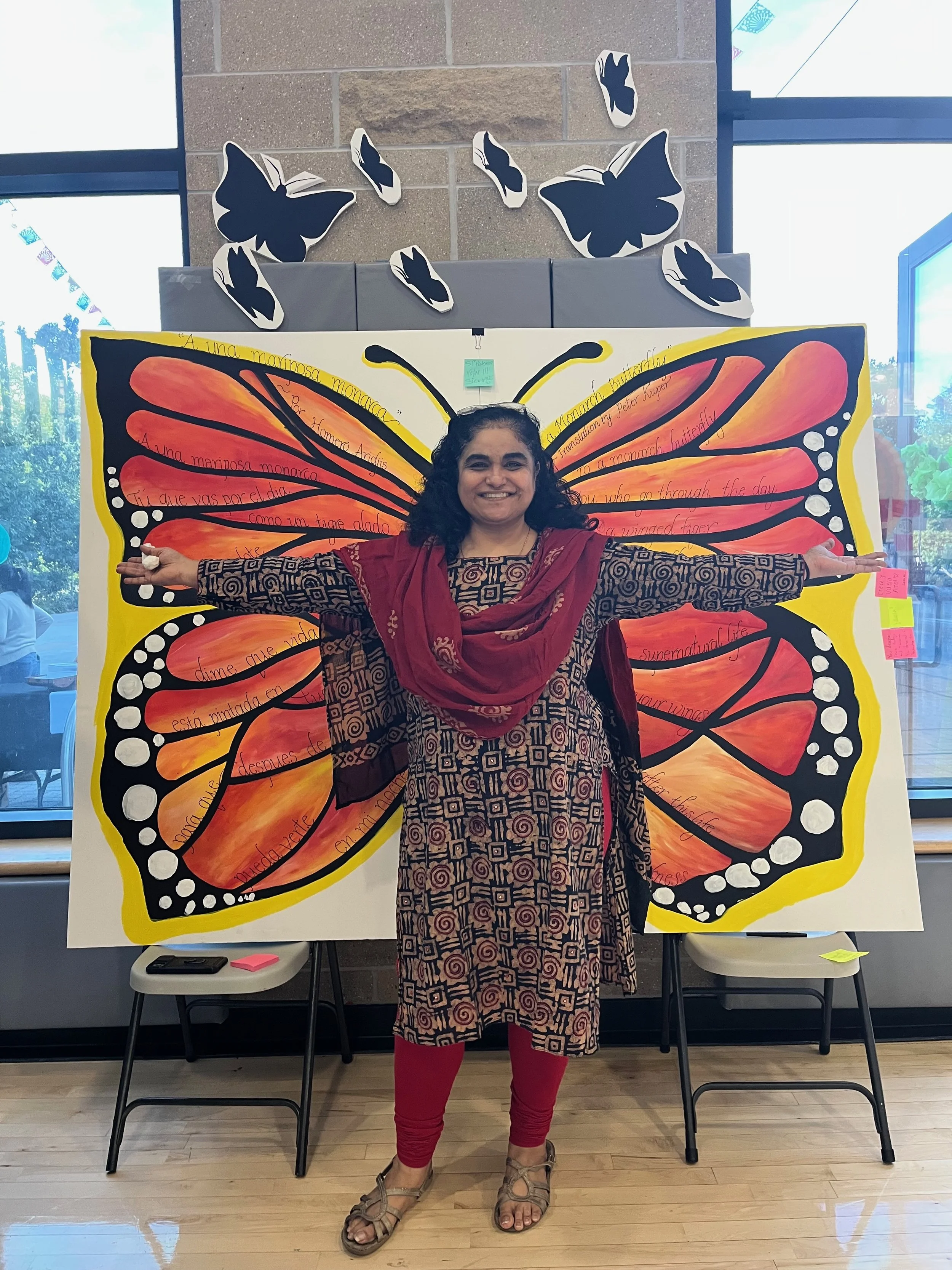 Sharmila Karamchandani was happy to do the calligraphy, Spanish and English, to add the poem by Homero Aridjis to the painting